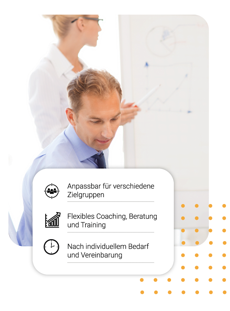 Zwei Personen bei einem Coaching mit einem Whiteboard im Hintergrund